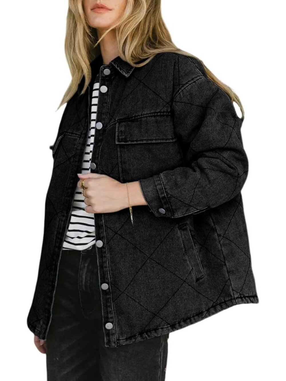 Women’s Black Long Sleeve Button Down Oversized Denim Jacket Pocket Shacket